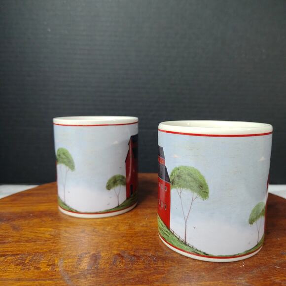 Set of 2 Vintage Warren Kimble 1998 Barns Mugs by Sakura Red Barn Blue Sky - Picture 5 of 9